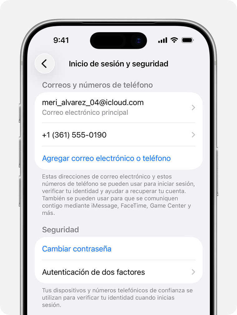 En la configuración de la cuenta de Apple, busca las direcciones de correo electrónico y los números de teléfono que puedes usar para iniciar sesión en tu cuenta de Apple