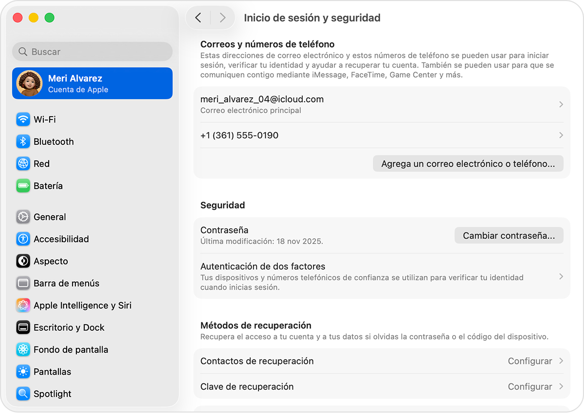 En la configuración de la cuenta de Apple en la Mac, busca las direcciones de correo electrónico y los números de teléfono que puedes usar para iniciar sesión en tu cuenta de Apple