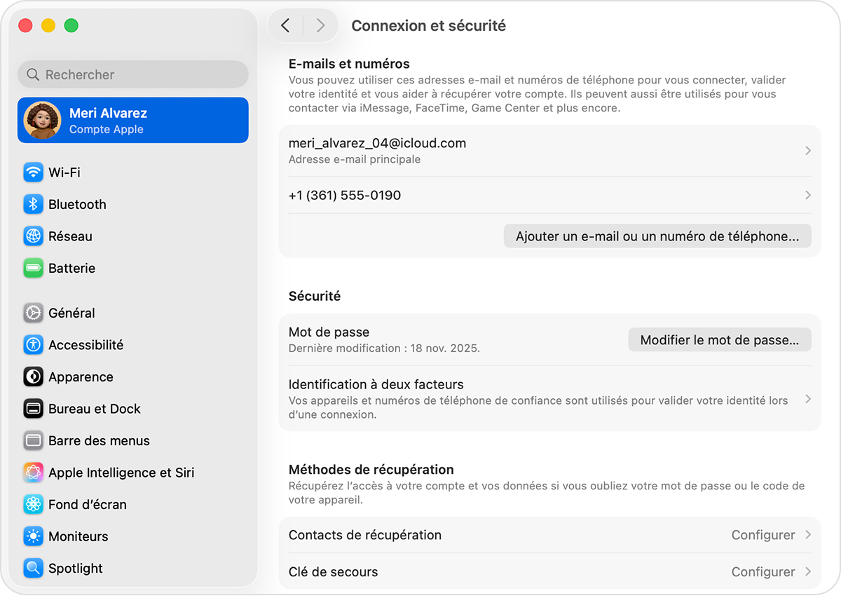 Dans les réglages du compte Apple sur Mac, recherchez les adresses e-mail et les numéros de téléphone que vous pouvez utiliser pour vous connecter à votre compte Apple.