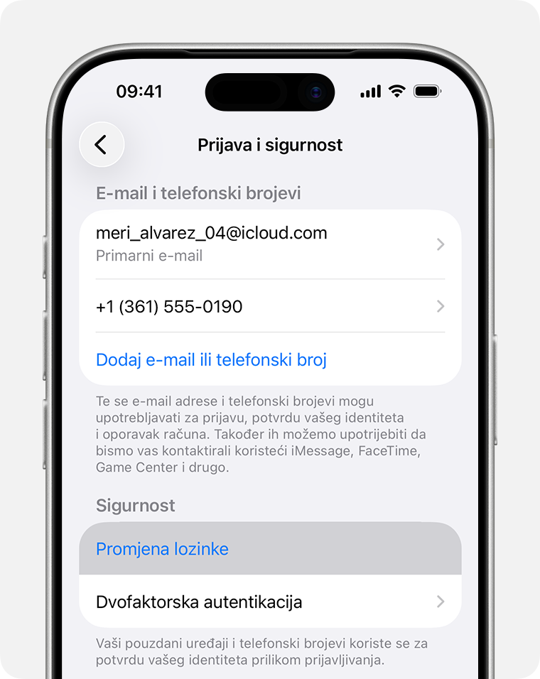 Zaslon iPhonea na kojem je prikazan gumb „Promijeni lozinku” u postavkama.