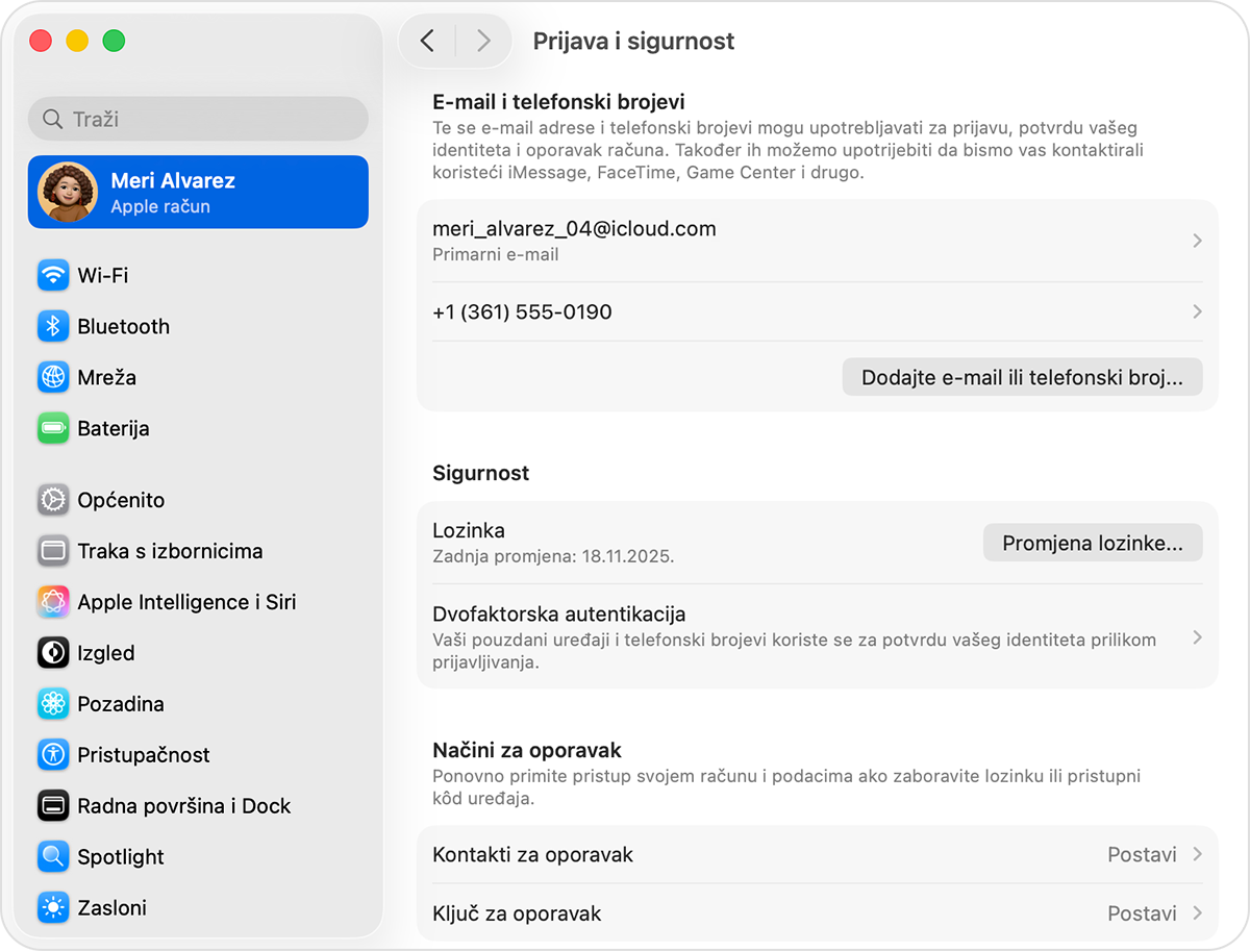 Zaslon Maca na kojem je prikazana prijava na Apple račun i sigurnosne postavke.