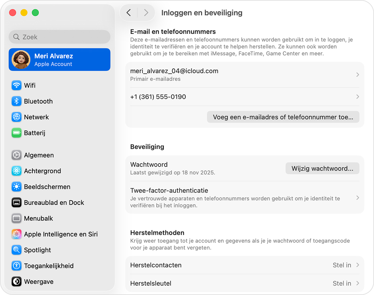 Zoek in de instellingen van Apple Account op de Mac de e-mailadressen en telefoonnummers die je kunt gebruiken om in te loggen bij je Apple Account