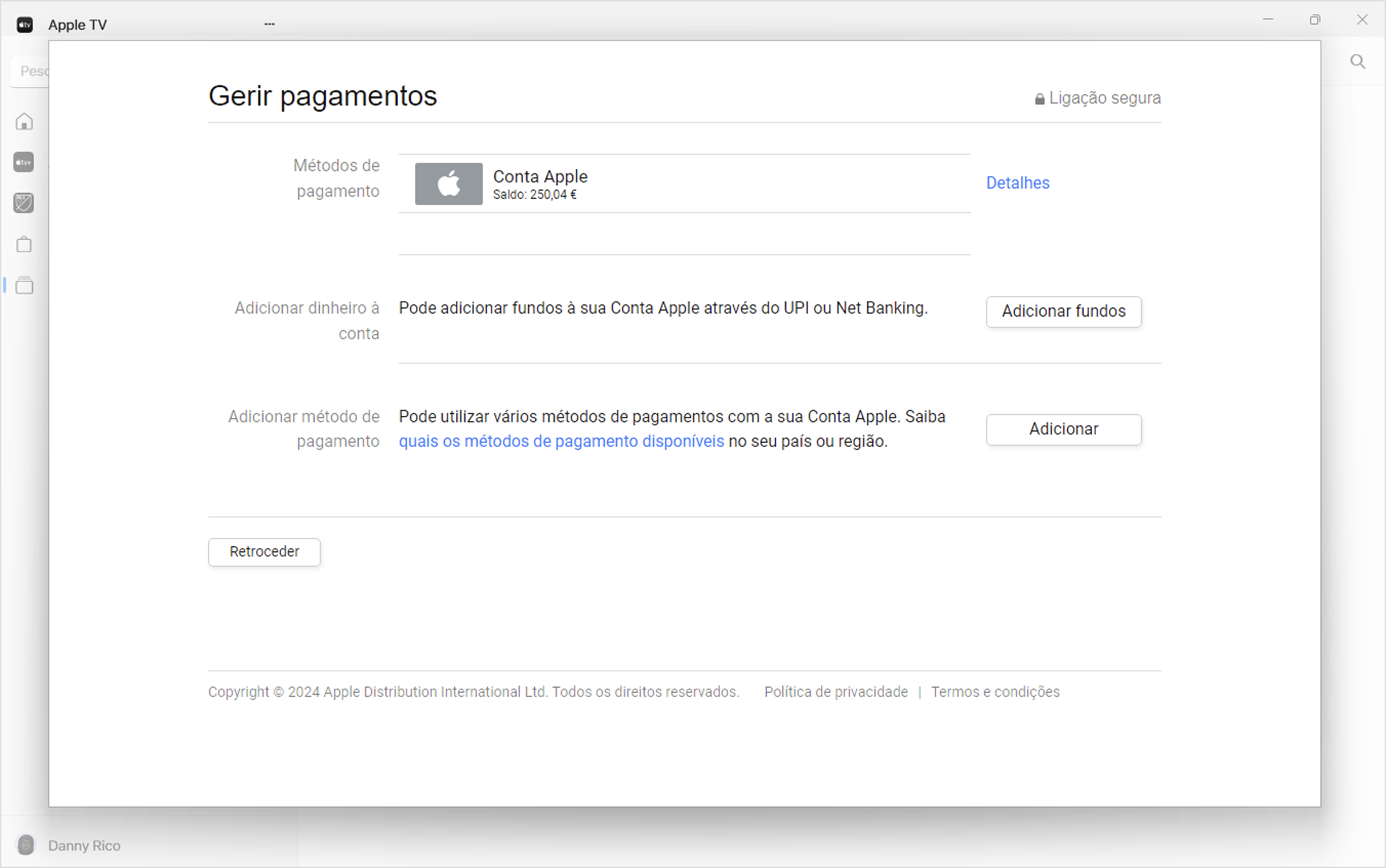 Um ecrã do Windows a mostrar as definições de Gerir pagamentos na app Apple Music. Para adicionar um método de pagamento, clique em Adicionar pagamento.