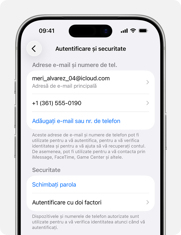 În configurările contului Apple, caută adresele de e-mail și numerele de telefon pe care le poți folosi pentru a te autentifica în contul Apple