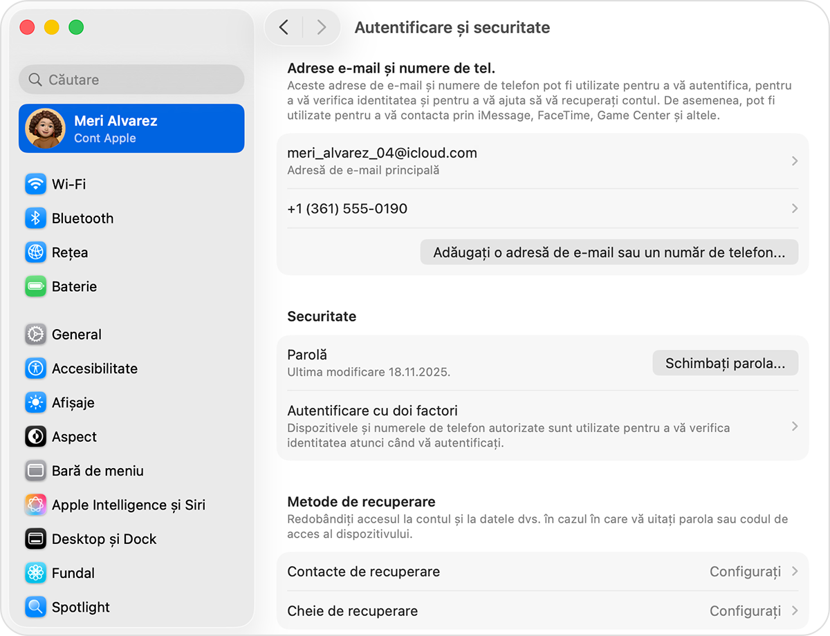 În configurările contului Apple pe Mac, caută adresele de e-mail și numerele de telefon pe care le poți folosi pentru a te autentifica în contul Apple