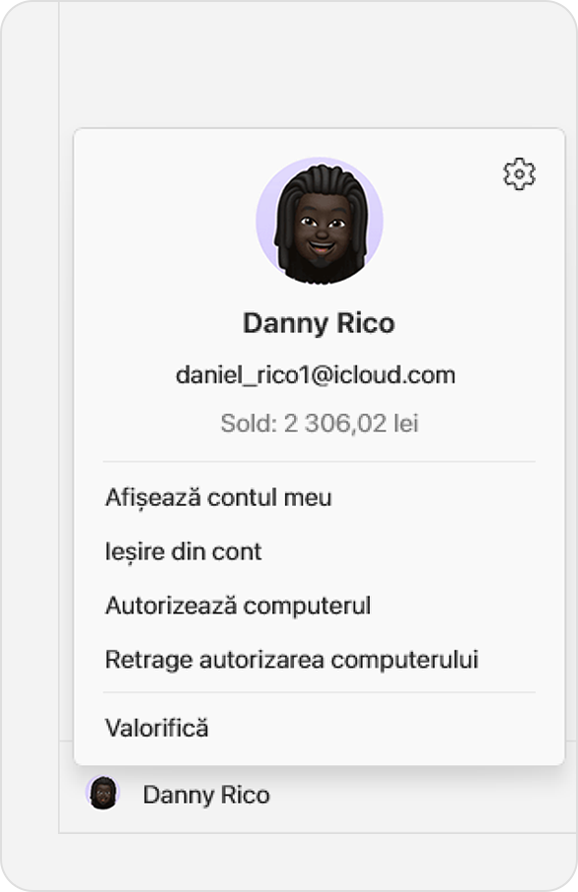 Un ecran Windows care afișează aplicația Apple Music. Pentru a gestiona metoda de plată, fă clic pe numele tău în partea de jos a barei laterale, apoi pe Afișează contul meu.