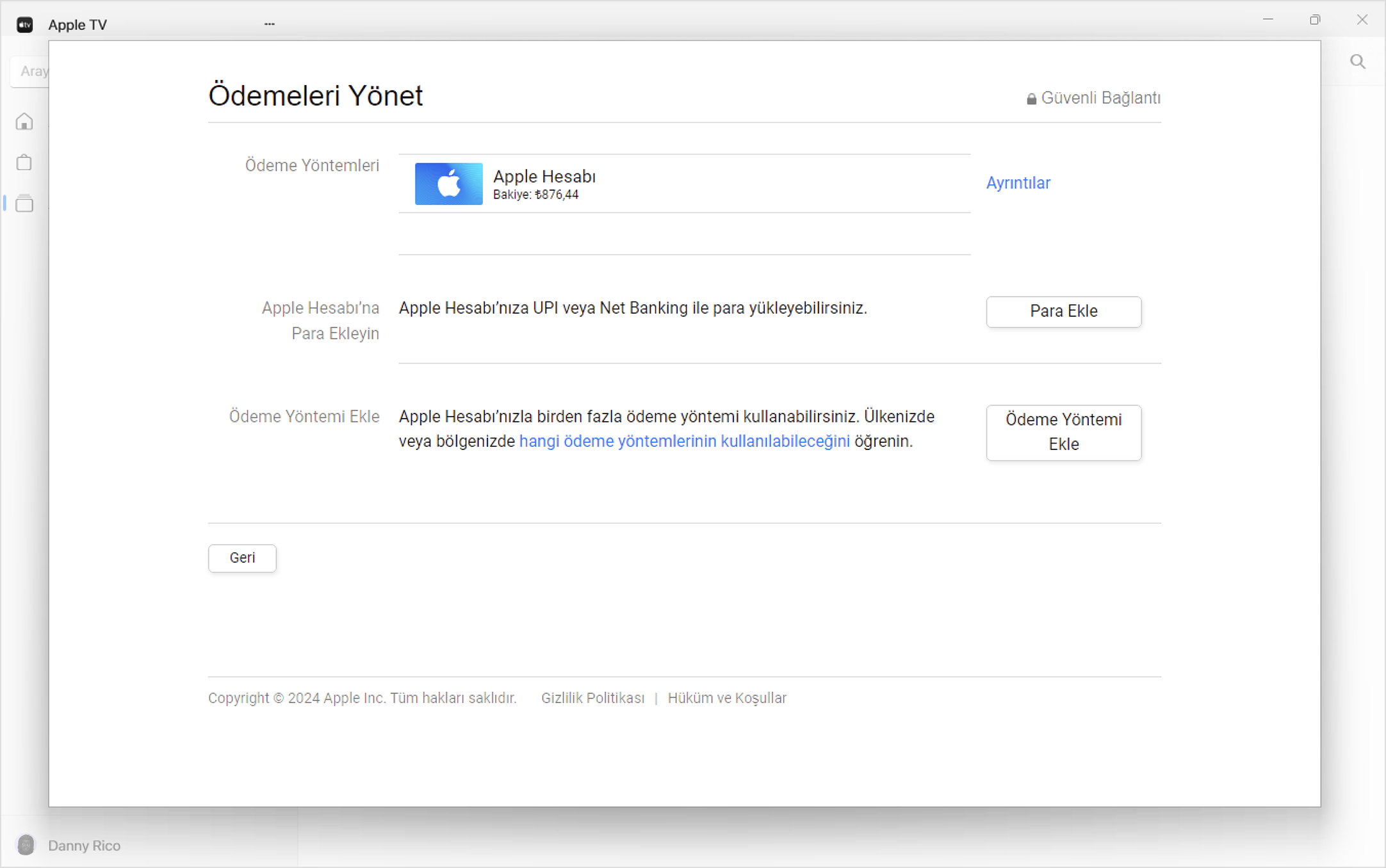 Apple Music uygulamasında Ödemeleri Yönet ayarlarını gösteren Windows ekranı. Ödeme yöntemi eklemek için Ödeme Yöntemi Ekle'yi tıklayın.