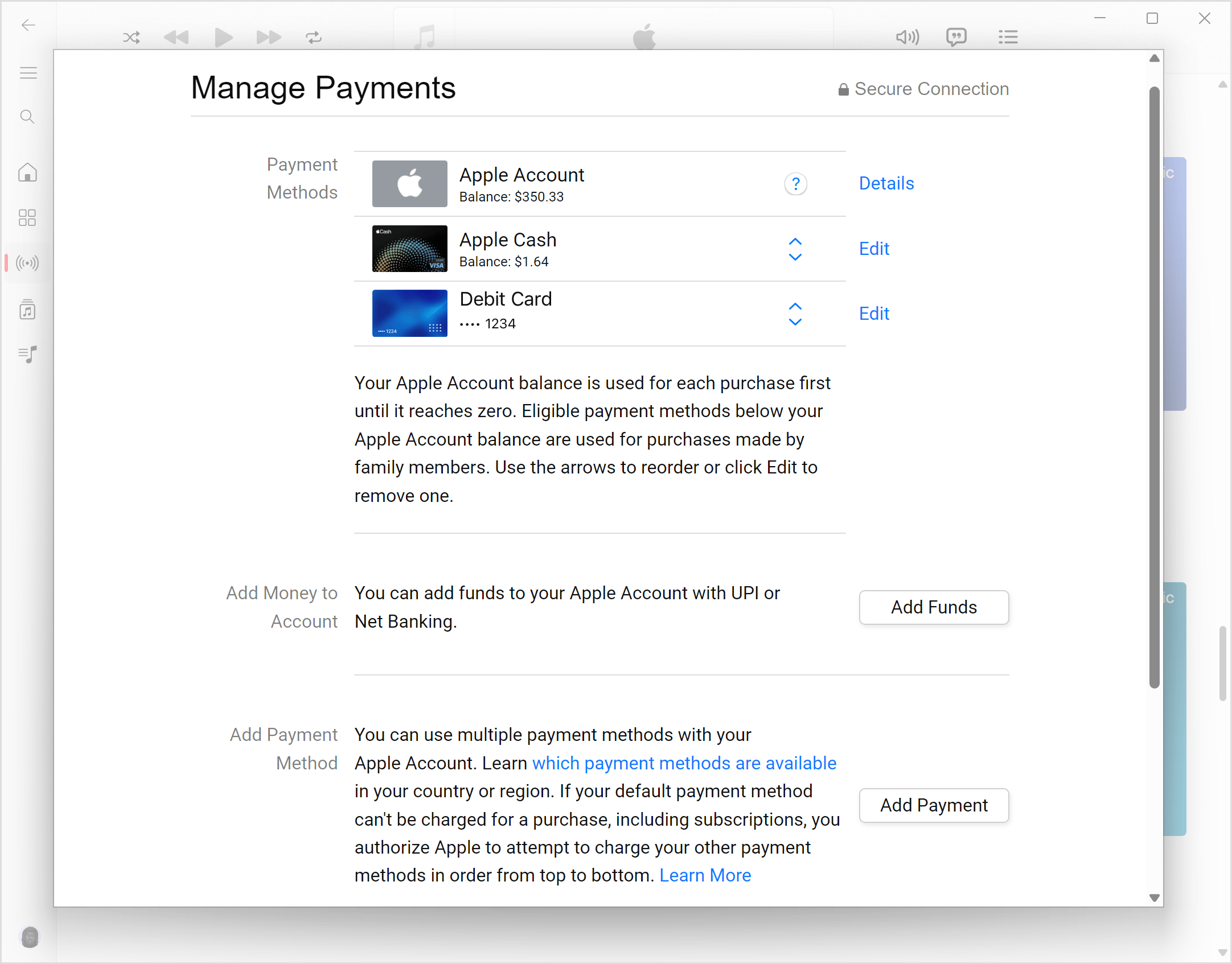 „Windows“ ekranas, kuriame rodomos „Apple Music“ programos skilties „Manage Payments“ (mokėjimo tvarkymas) nuostatos. Norėdami pridėti mokėjimo būdą, spustelėkite „Add Payment “ (pridėti mokėjimo būdą).