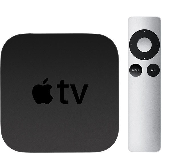 يظهر Apple TV الأسود (الجيل الثالث) بجوار Apple Remote (ألومنيوم). 
