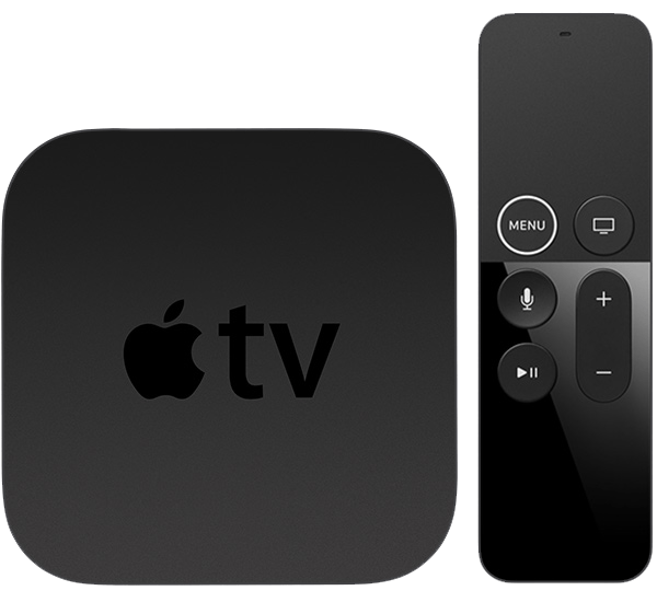يظهر Apple TV HD الأسود بجوار ريموت Apple TV الأسود (الجيل الأول)، والذي يتضمن لوحة لمس زجاجية للتنقل. 