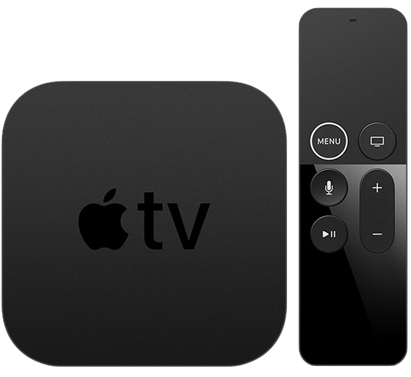 يظهر Apple TV 4K الأسود (الجيل الأول) بجوار ريموت Apple TV الأسود (الجيل الأول)، والذي يتضمن لوحة لمس زجاجية للتنقل. 