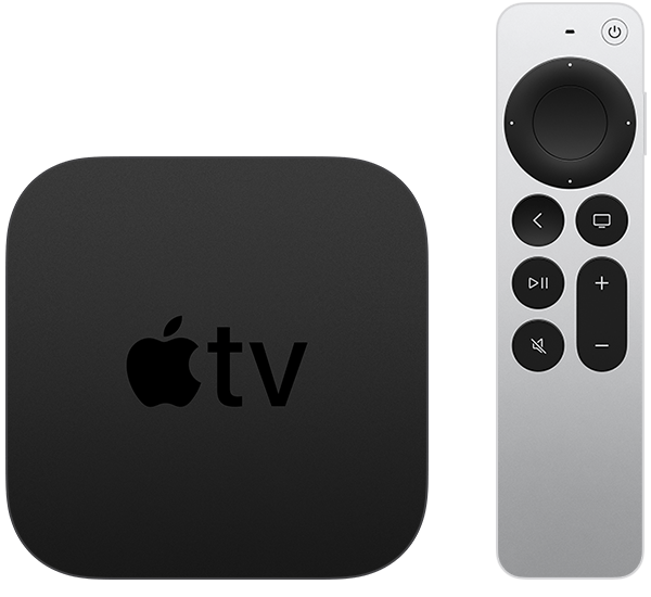 يظهر Apple TV 4K الأسود (الجيل الثاني) بجوار ريموت Apple TV (الجيل الثاني)، والذي يتضمن لوحة نقر دائرية للتنقل.
