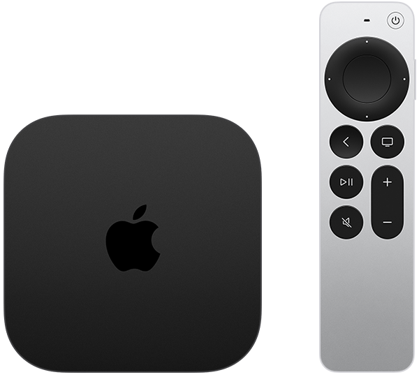 يظهر Apple TV 4K الأسود (الجيل الثالث) بجوار ريموت Apple TV (الجيل الثالث)، والذي يتضمن لوحة نقر دائرية للتنقل.