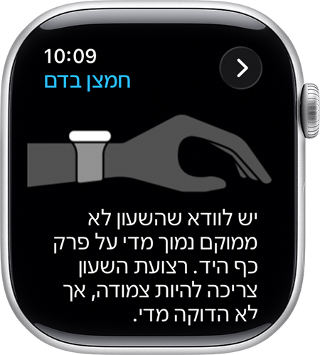 מסך Apple Watch המציג תרשים של פרק כף יד עם Apple Watch ענוד במיקום הנכון.