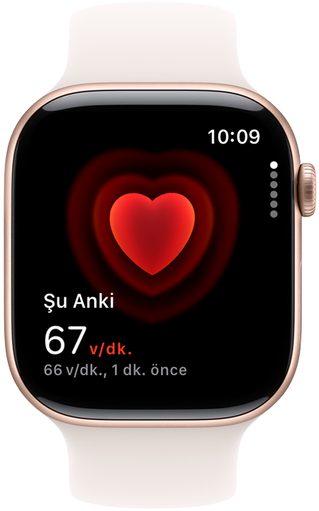 Kalp atış hızını 67 vuruş/dakika olarak gösteren bir Apple Watch