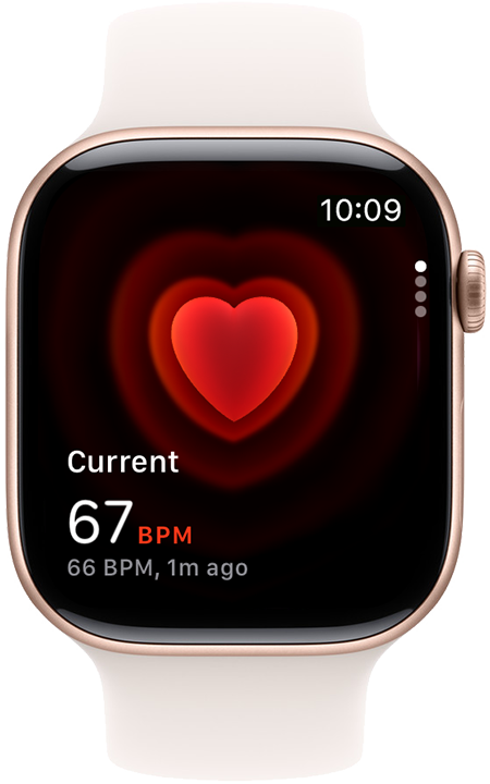 Ura Apple Watch, ki prikazuje srčni utrip 67 utripov na minuto.
