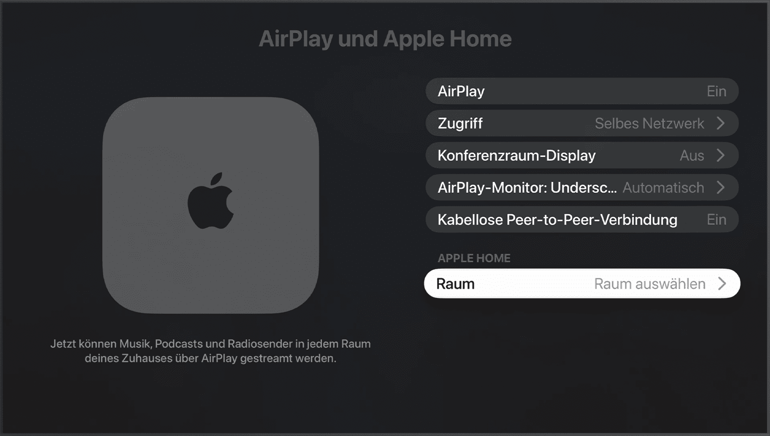 „Raum“ erscheint unter „Apple Home“ auf dem Bildschirm „AirPlay und Apple Home“ in den Apple TV-Einstellungen