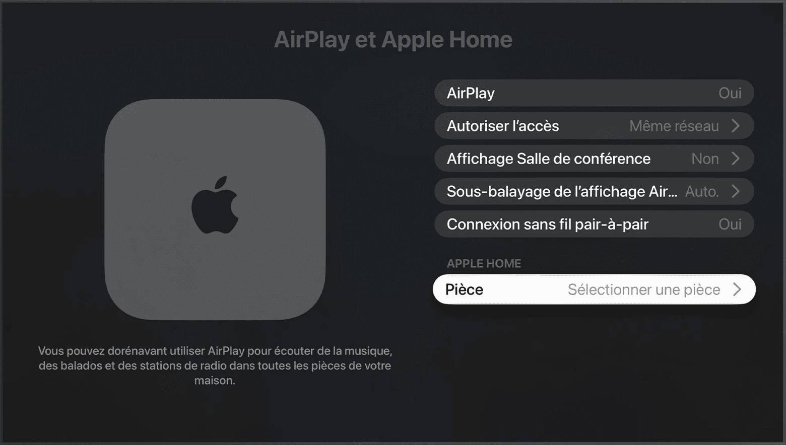La pièce s’affiche sous Apple Home dans l’écran AirPlay et Apple Home dans les réglages d’Apple TV