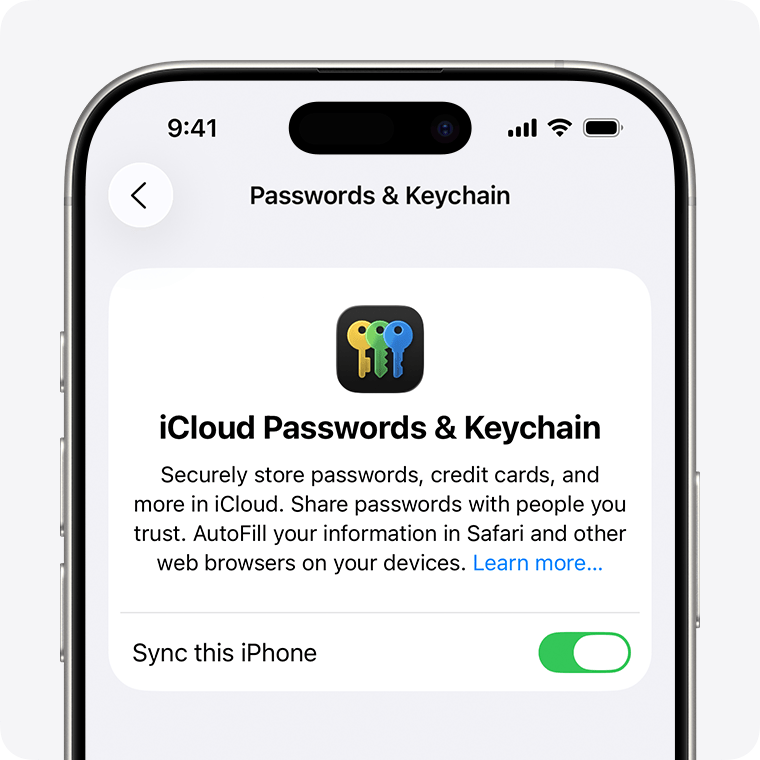 An iPhone screen showing Passwords & Keychain settings. Tap Sync This [Device] to turn on iCloud Passwords & Keychain on your iPhone, iPad, or Apple Vision Pro.