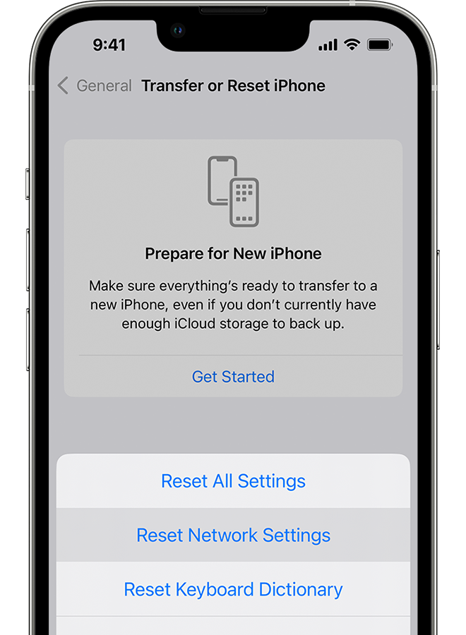 iPhone, на който се показва екранът Transfer or Reset iPhone (Прехвърляне или нулиране на iPhone).