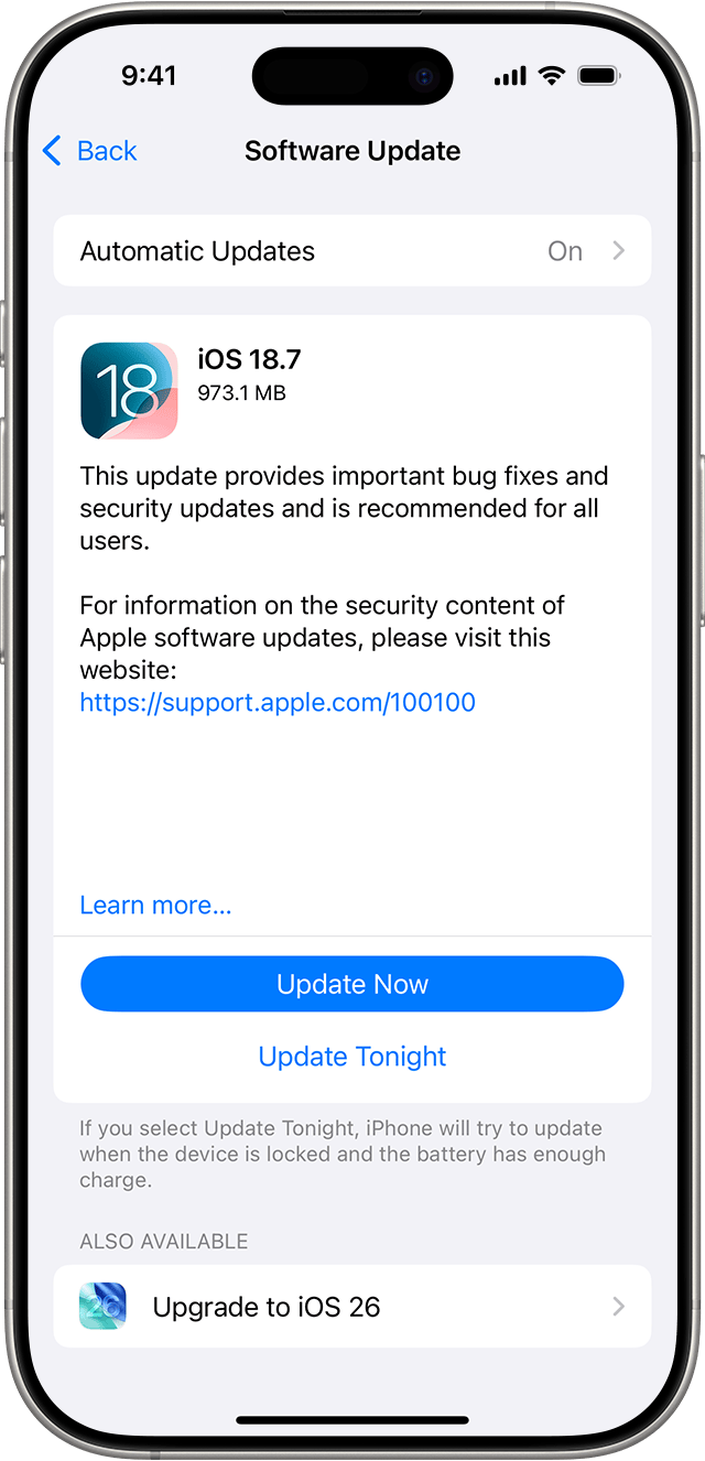Software Update on iPhone. An update for iOS 18 is listed first with buttons to update now or update tonight. An upgrade to iOS 26 is listed at the end of the screen.