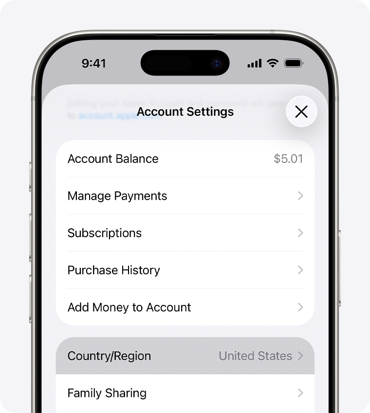 iPhone showing Country/Region in Account Settings.