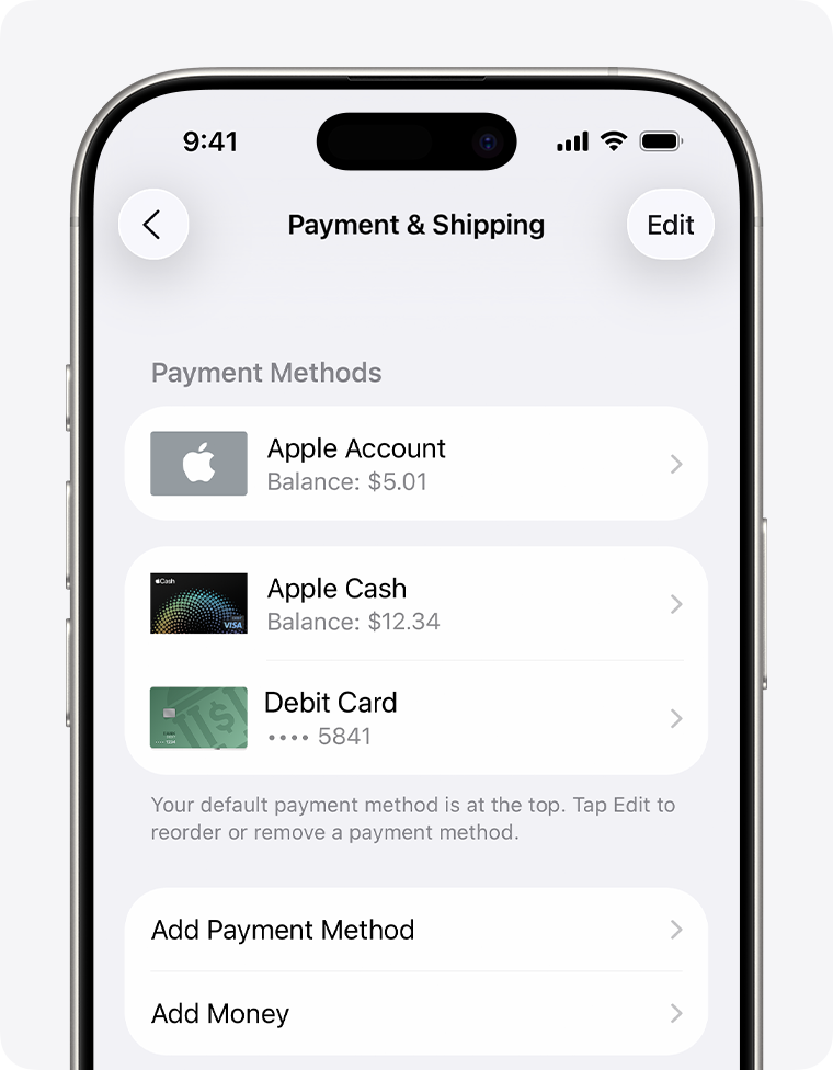 „iPhone“ ekranas, kuriame rodomos „Apple“ paskyros „Payment & Shipping“ (mokėjimas ir pristatymas) nuostatos. Norėdami pridėti mokėjimo būdą, bakstelėkite „Add Payment Method“ (pridėti mokėjimo būdą).