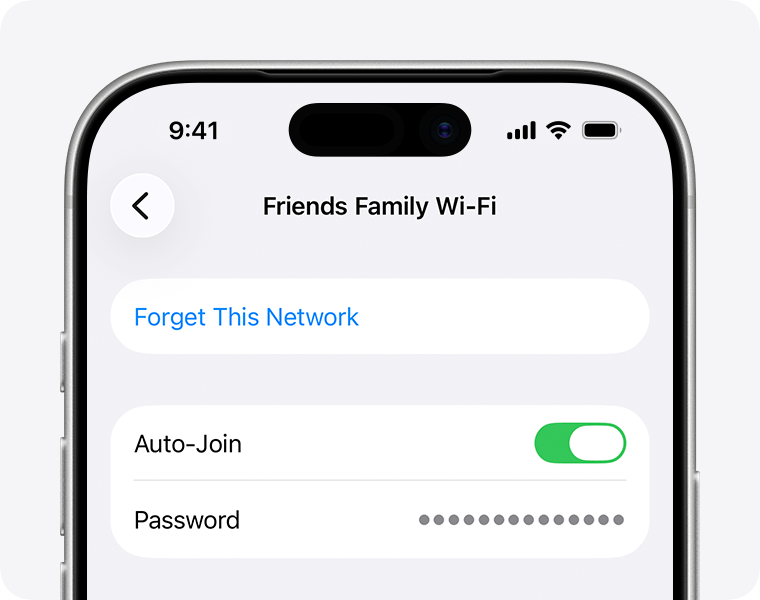 iPhone의 알려진 네트워크에 대한 Wi-Fi 설정.