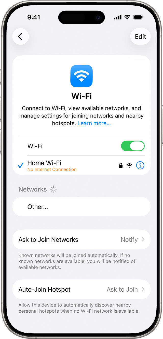 In iPhone settings, a Home Wi-Fi network shows an internet connection issue.
