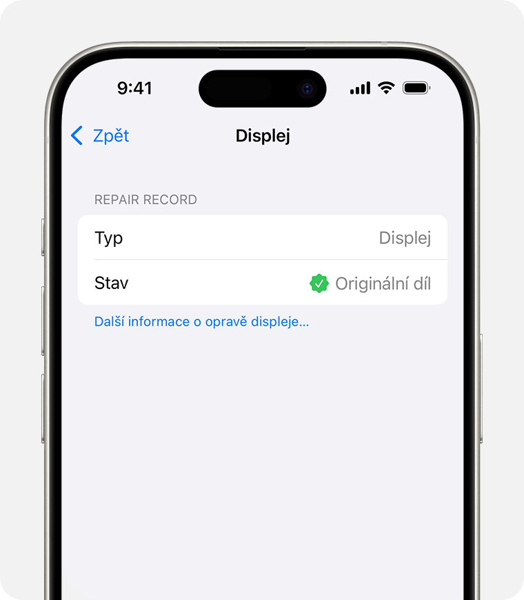 Obrazovka s informacemi o originálním dílu Apple pro displej