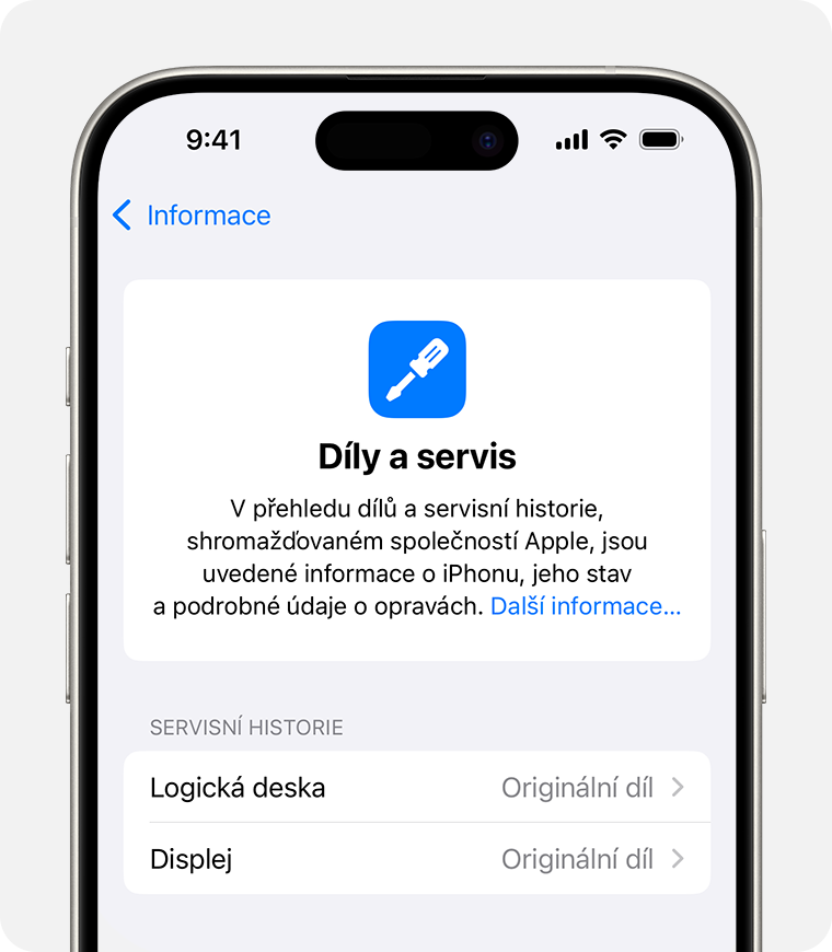 Obrazovka Díly a servisní historie se dvěma vyměněnými originálními díly Apple