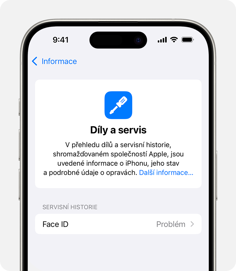 Chybová zpráva pro Face ID v části Díly a servisní historie.