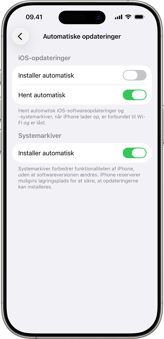 Kontroller til automatisk installation og download af iOS-opdateringer og systemfiler.