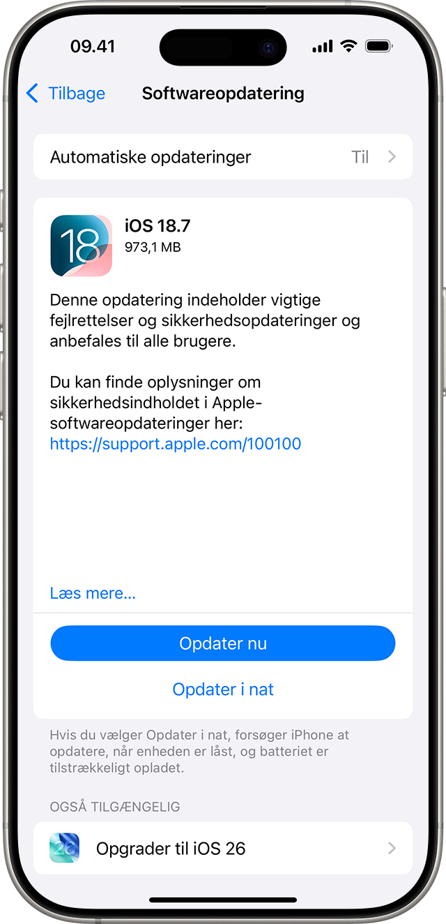 Softwareopdatering på iPhone. En opdatering til iOS 18 er angivet først med knapper til at opdatere nu eller opdatere i nat. En opgradering til iOS 26 er angivet nederst på skærmen.