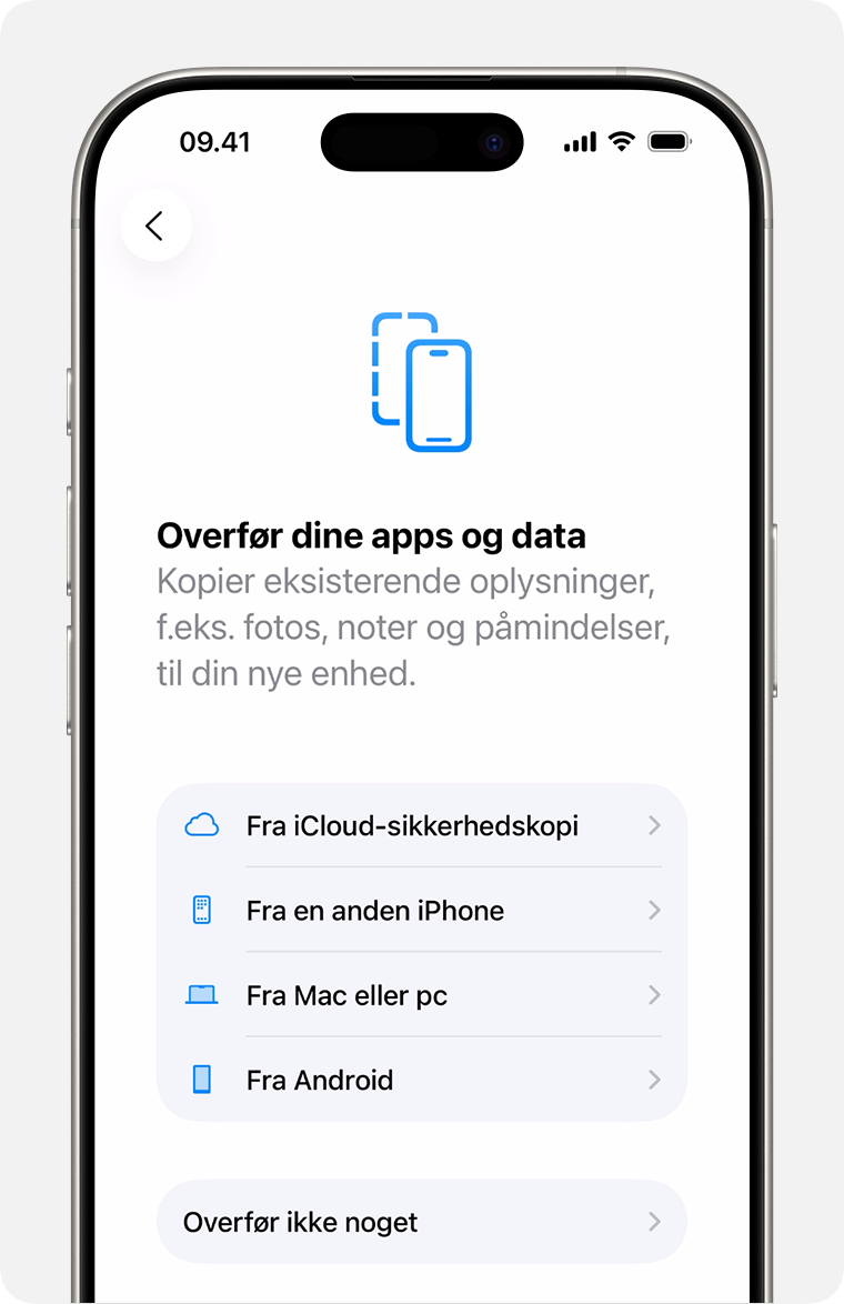 Valgmuligheder for overførsel af apps og data til en ny iPhone under indstillingen.