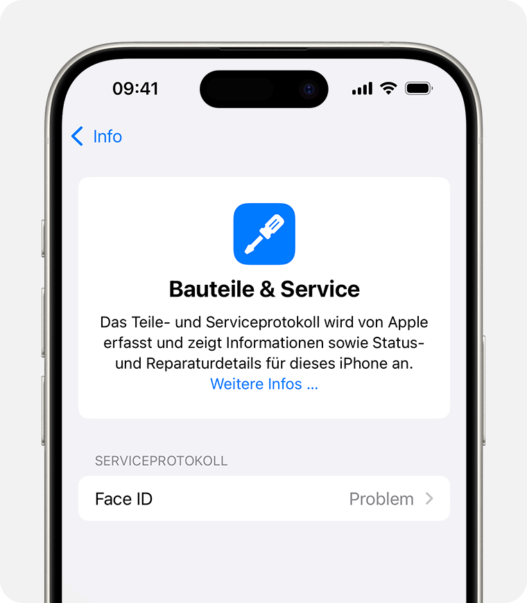 Eine Face ID-Problemmeldung im Teile- und Serviceprotokoll.