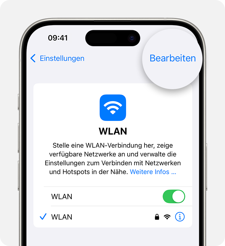 Um in iOS Passwörter für WLAN-Netzwerke zu finden, mit denen du zuvor verbunden warst, wähle „Einstellungen“ > „WLAN“ > „Bearbeiten“, und tippe dann auf die Info-Taste neben einem Netzwerk.