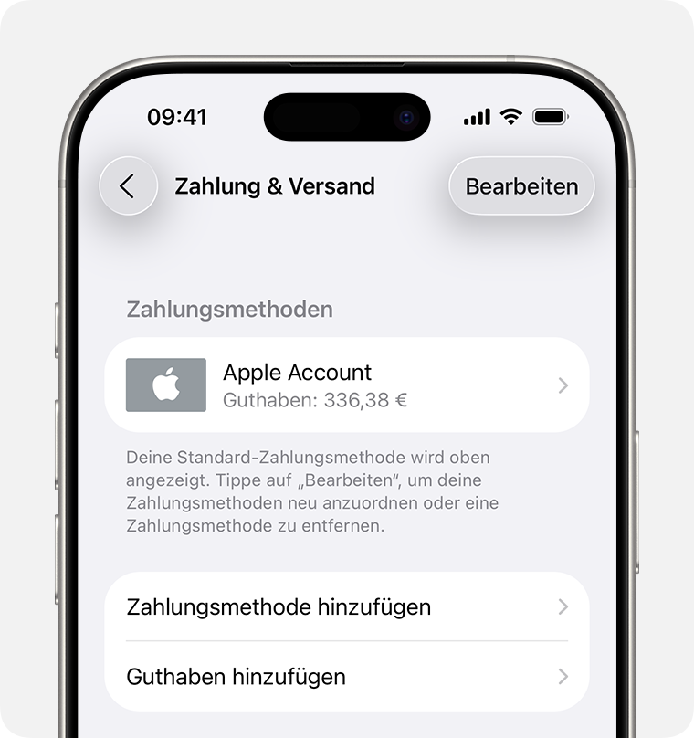 Ein iPhone Bildschirm mit den Zahlungs- und Versandeinstellungen für den Apple Account. Wenn du eine Zahlungsmethode hinzufügen möchtest, tippe auf „Zahlungsmethode hinzufügen“.
