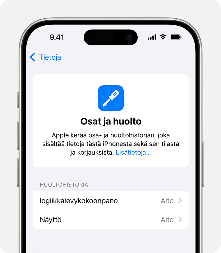 Osa- ja huoltohistoria -näyttö, jossa näkyy kaksi aitoa Apple-osaa