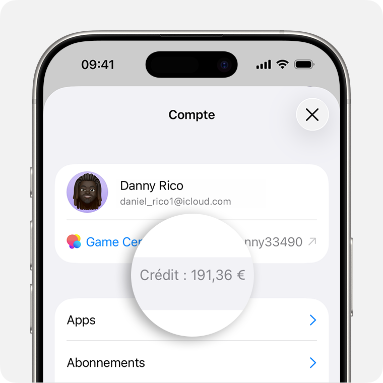 Écran Compte de l’App Store sous iOS, avec le solde du compte affiché