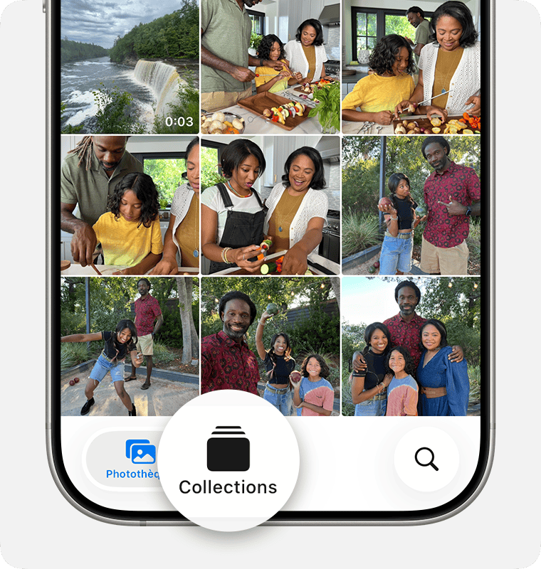 Un iPhone avec l’app Photos ouverte. Les collections se trouvent en bas de l’écran, à côté de Photothèque.