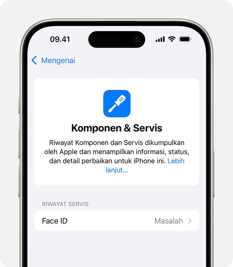 Pesan masalah Face ID di Riwayat Komponen dan Servis.
