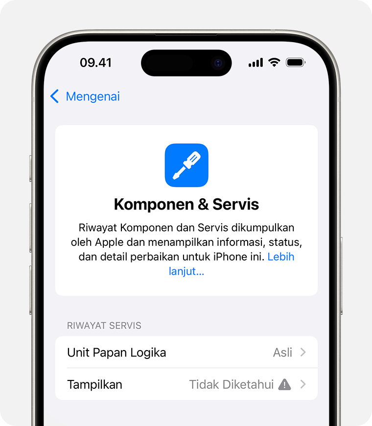 Layar Riwayat Komponen dan Servis dengan pesan Komponen Tidak Dikenal