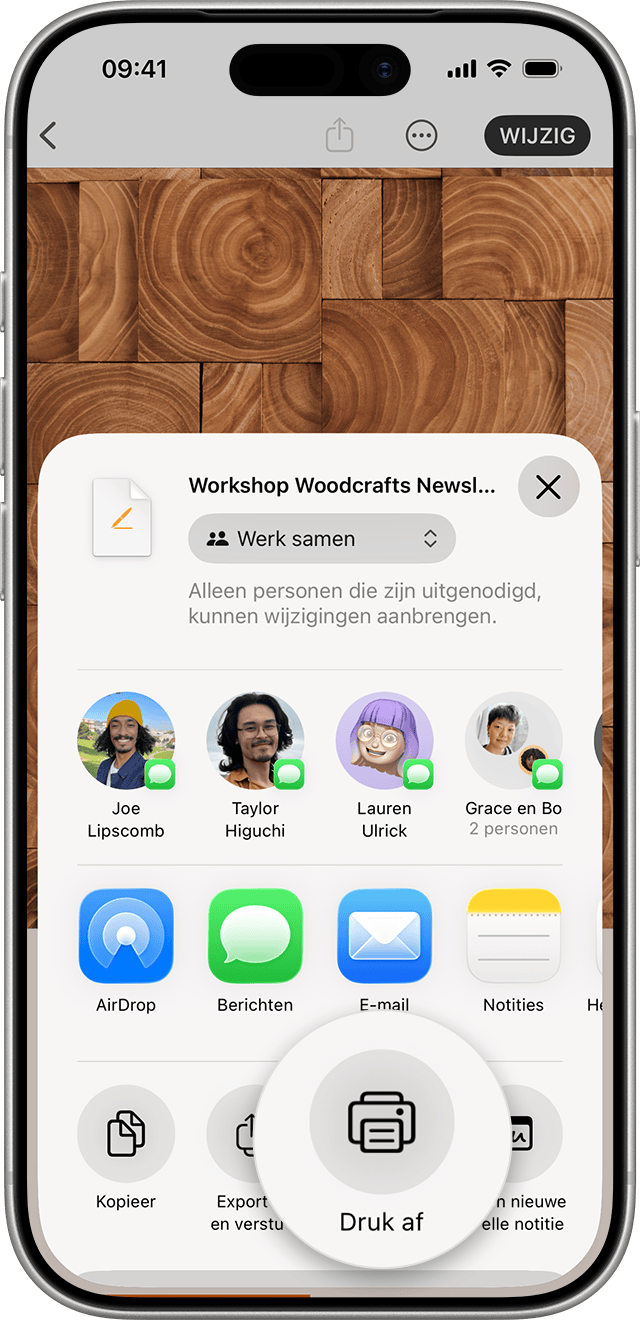 iPhone die de optie toont om op de afdrukknop te tikken.