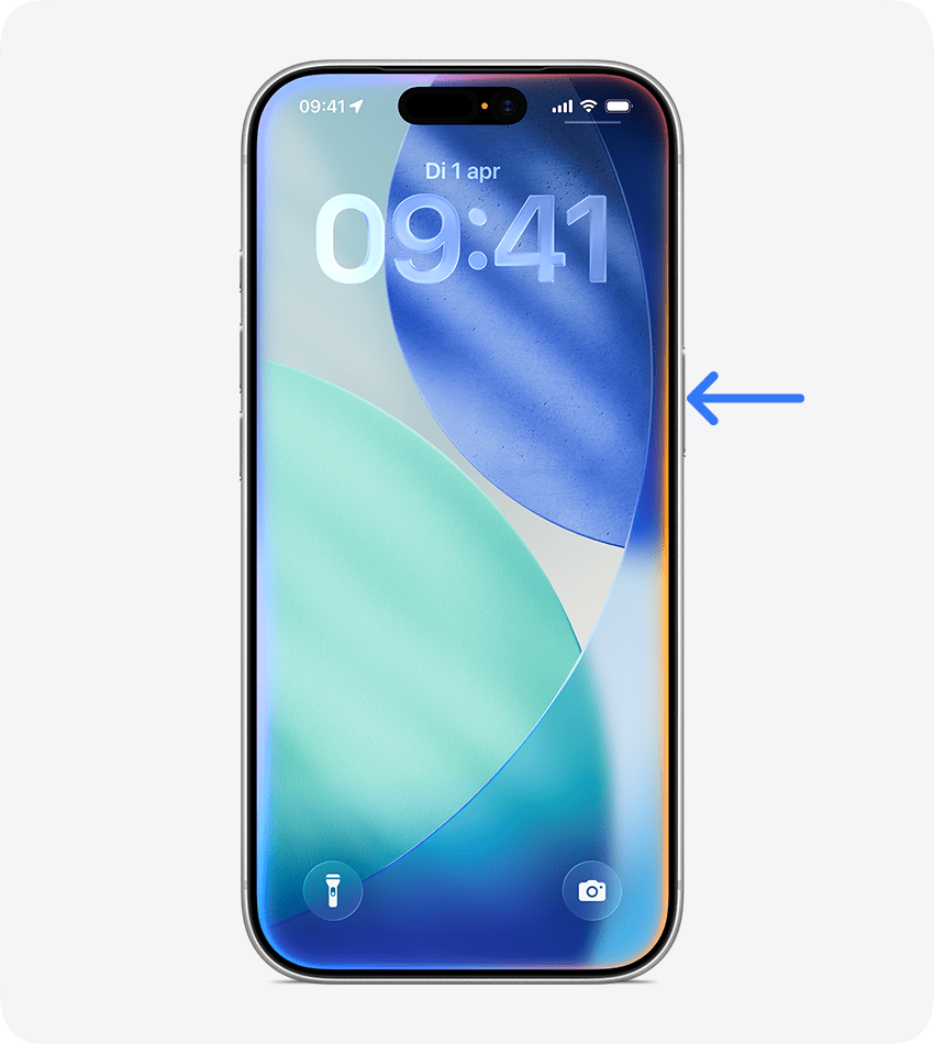 iPhone met pijl die naar de zijknop wijst om Siri te activeren. 
