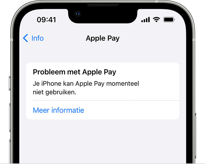 Melding over een probleem met Apple Pay op een iPhone, waarin de gebruiker wordt geïnformeerd dat de iPhone Apple Pay momenteel niet kan gebruiken.