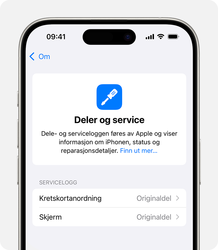 Skjermbildet Dele- og servicelogg med to originale Apple-deler byttet ut
