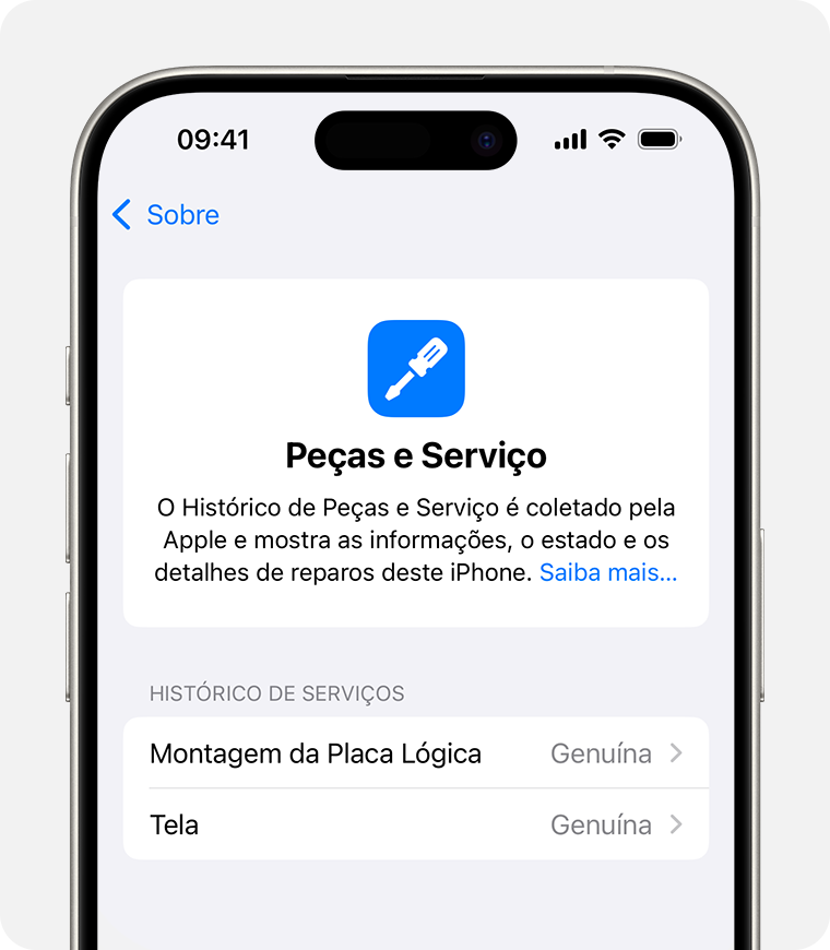 A tela "Histórico de Peças e Serviço" com duas peças Apple originais substituídas