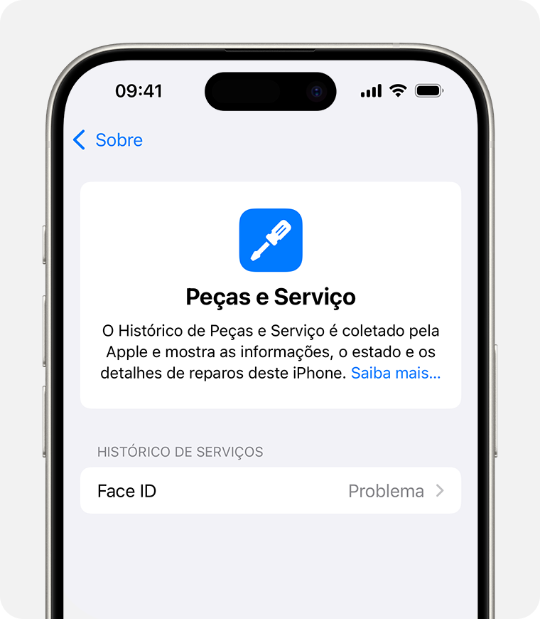 Mensagem de problema do Face ID no "Histórico de Peças e Serviço".
