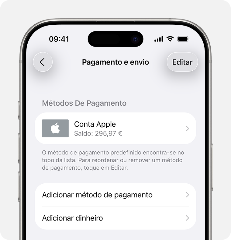 Um ecrã do iPhone a mostrar as definições de Pagamento e envio da conta Apple. Para adicionar um método de pagamento, toque em "Adicionar método de pagamento".
